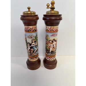Vintage Italian Ceramic and Wood Figural Pepper Mill Set